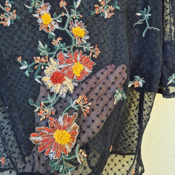 Anthro Maeve Floral Embroidered Black Mesh Sheer Blouse Top Romantic Whimsigoth - Picture 5 of 16